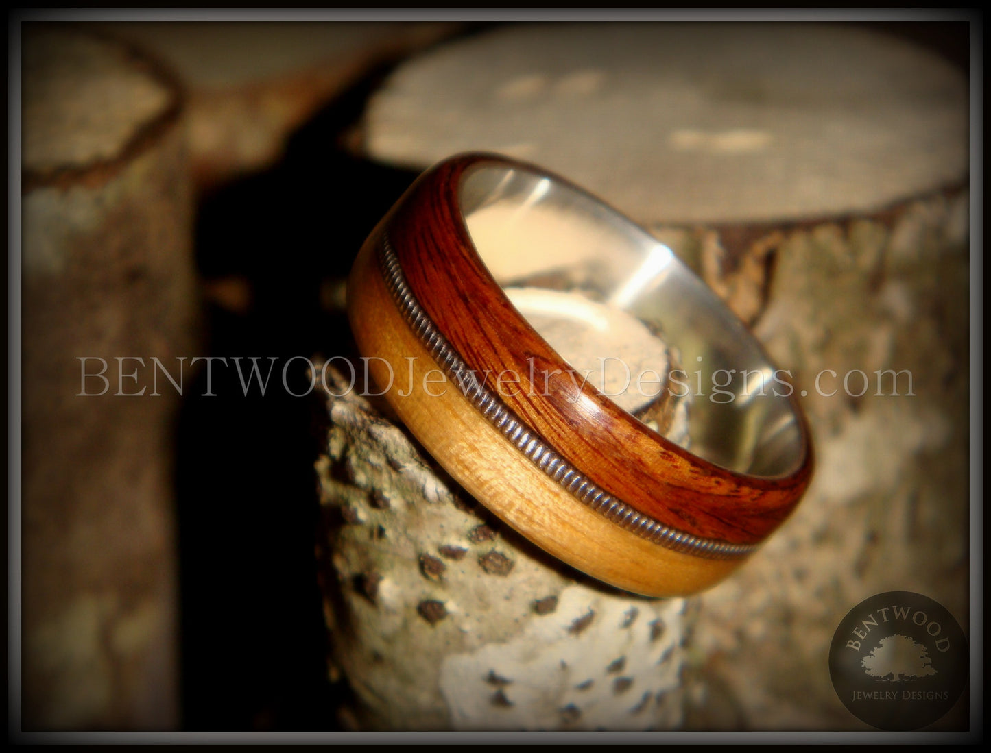 Bentwood Ring - Rosewood & Bamboo Wood Ring with Fine Silver Core and Thick Silver Guitar String Inlay handcrafted bentwood wooden rings wood wedding ring engagement