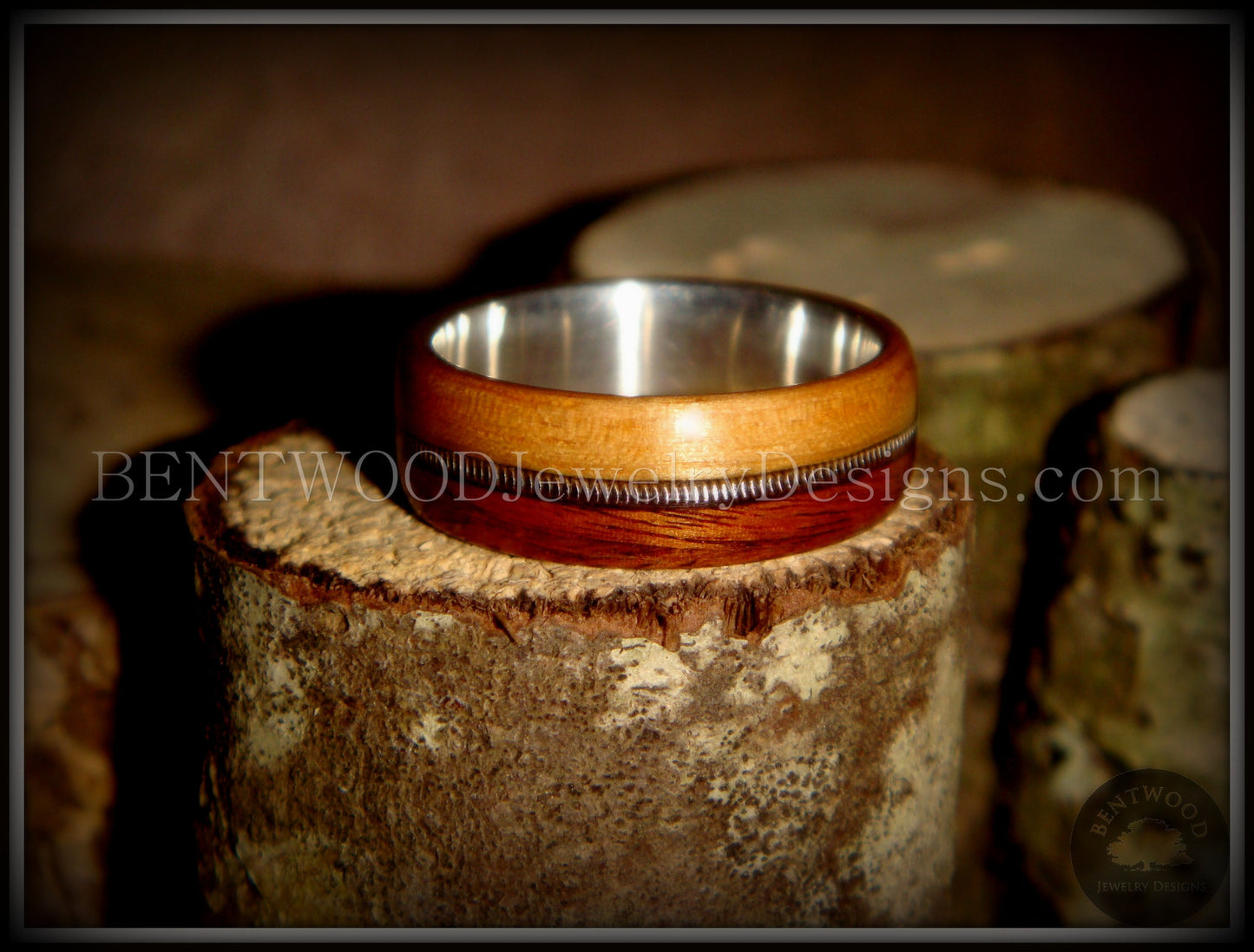 Bentwood Ring - Rosewood & Bamboo Wood Ring with Fine Silver Core and Thick Silver Guitar String Inlay handcrafted bentwood wooden rings wood wedding ring engagement
