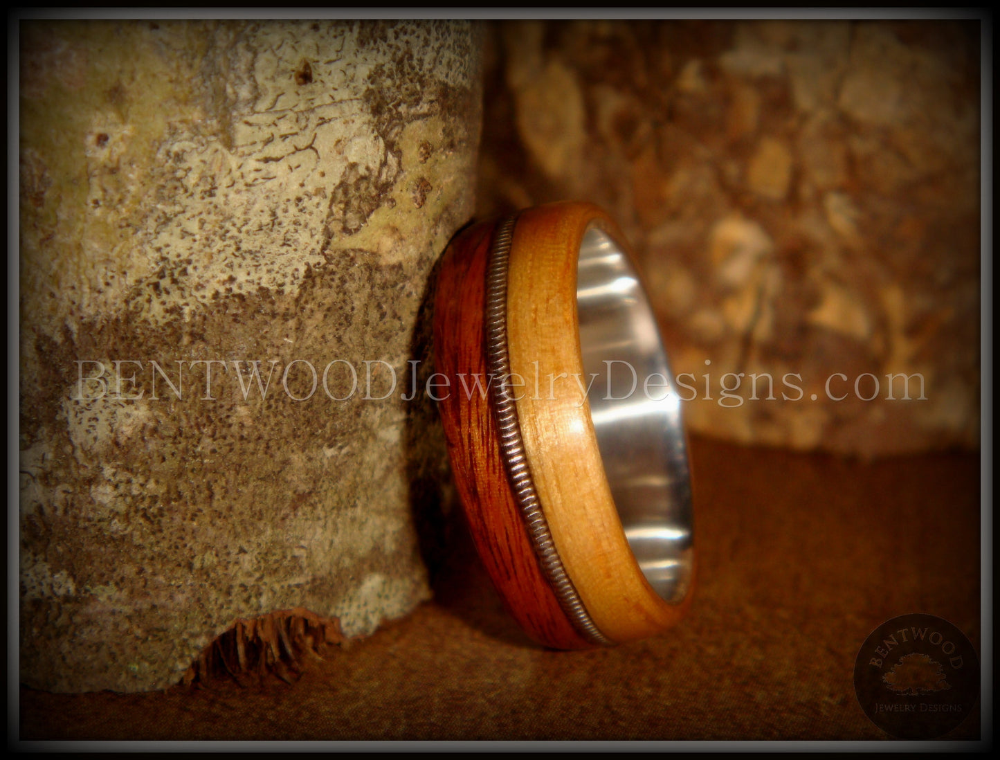Bentwood Ring - Rosewood & Bamboo Wood Ring with Fine Silver Core and Thick Silver Guitar String Inlay handcrafted bentwood wooden rings wood wedding ring engagement
