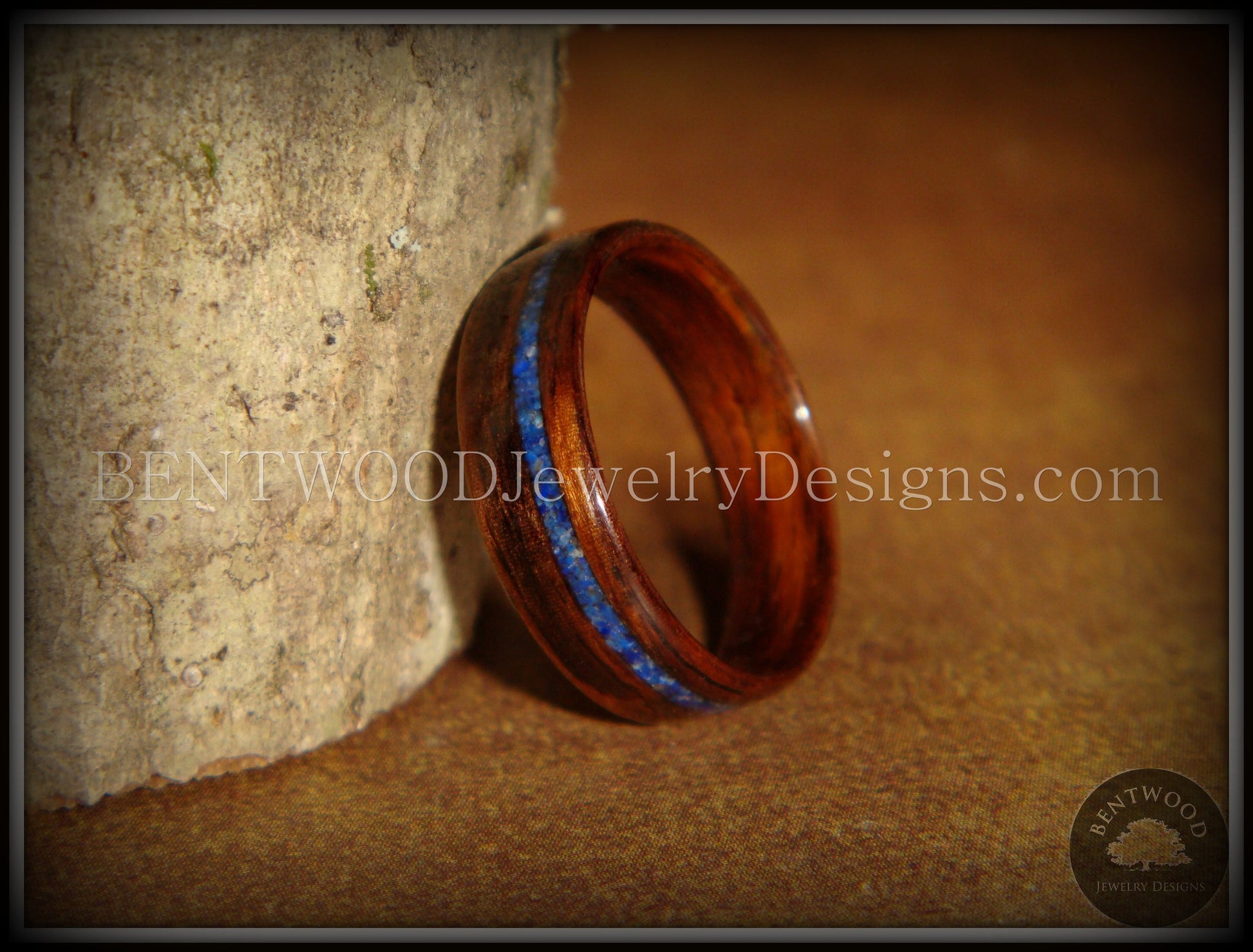 Bentwood Ring - E. Indian Rosewood Wooden Ring with Offset Blue Lapis Inlay handcrafted bentwood wooden rings wood wedding ring engagement