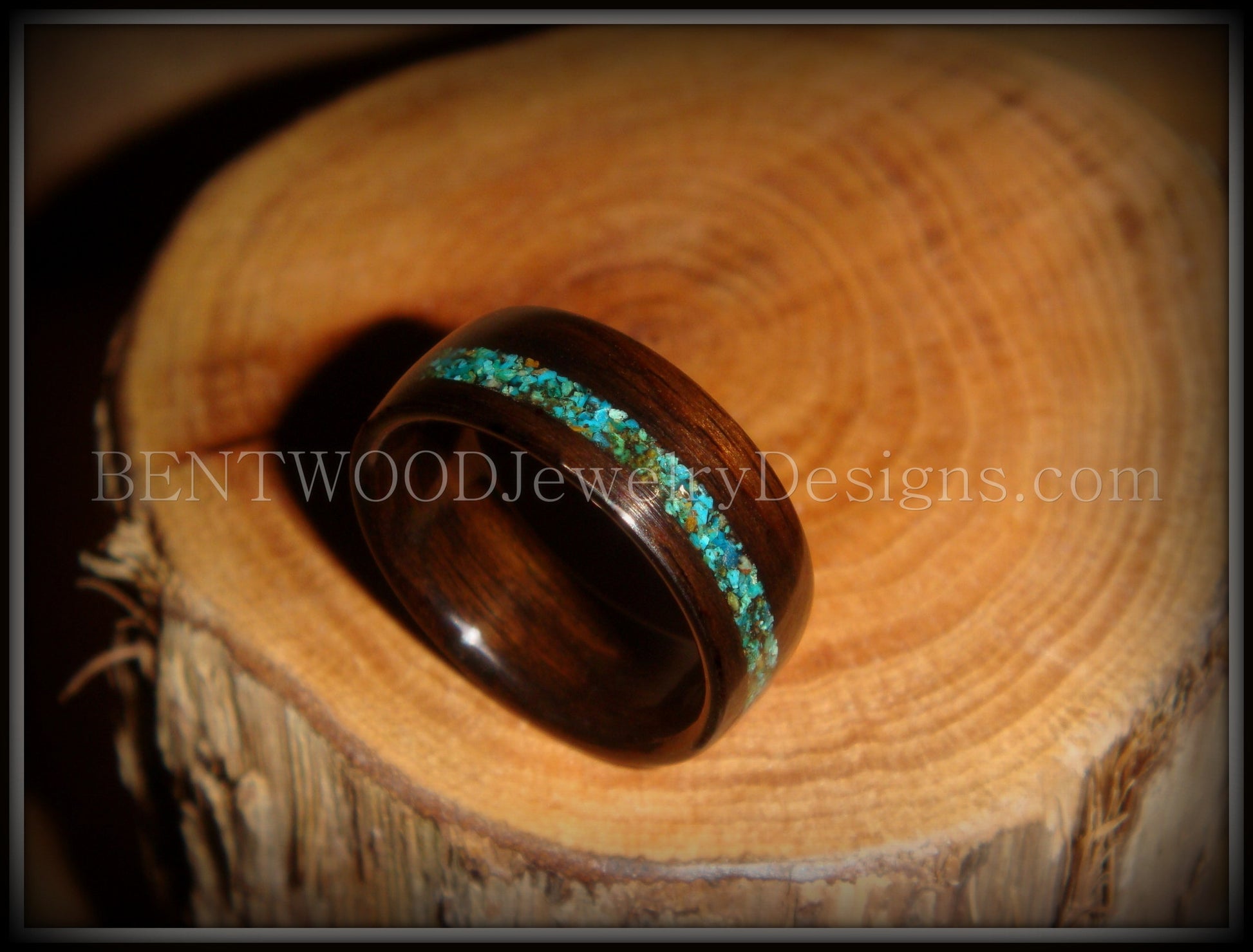 Bentwood Ring - Macassar Ebony Wood Ring and Offset Chrysocolla Stone Inlay handcrafted bentwood wooden rings wood wedding ring engagement