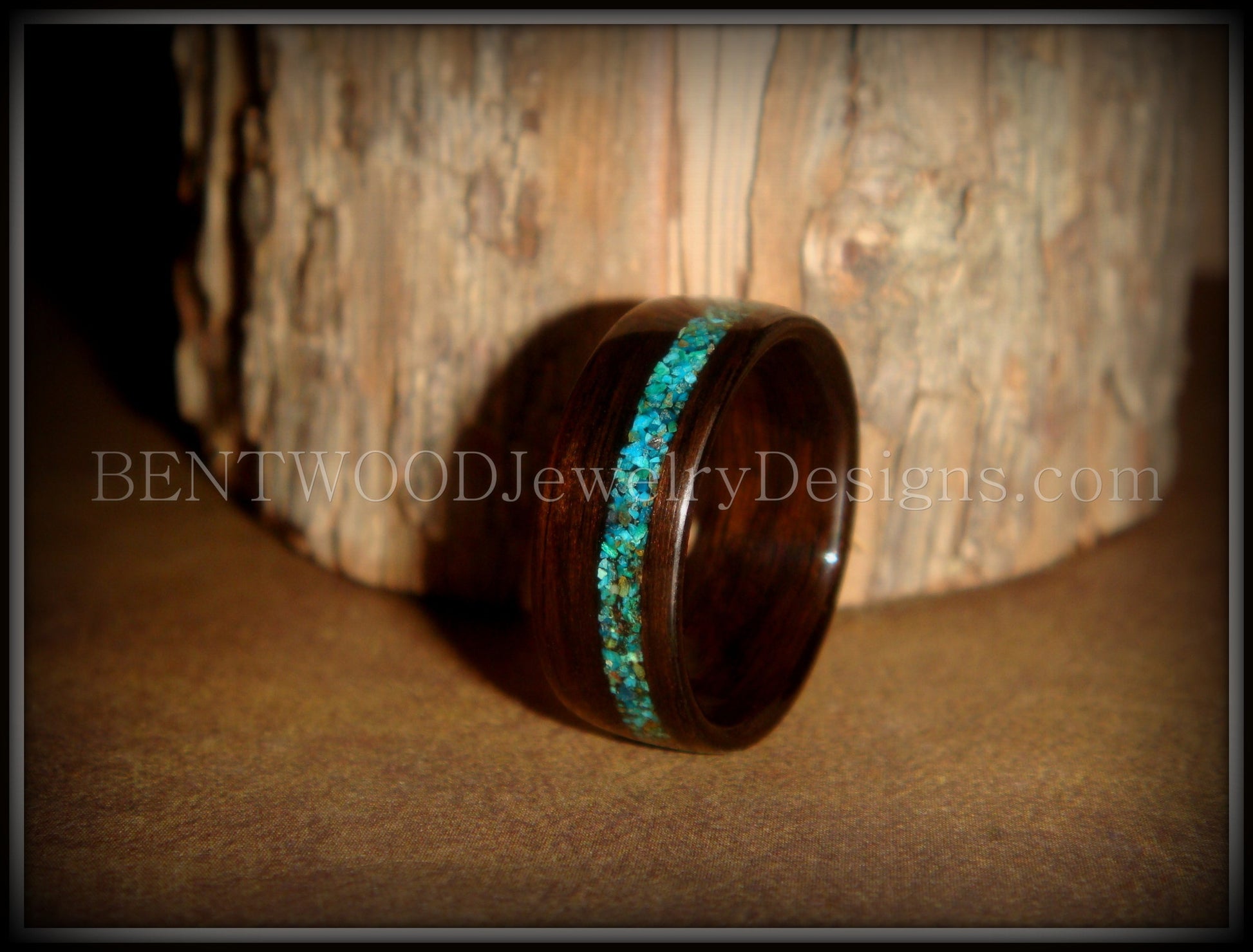 Bentwood Ring - Macassar Ebony Wood Ring and Offset Chrysocolla Stone Inlay handcrafted bentwood wooden rings wood wedding ring engagement
