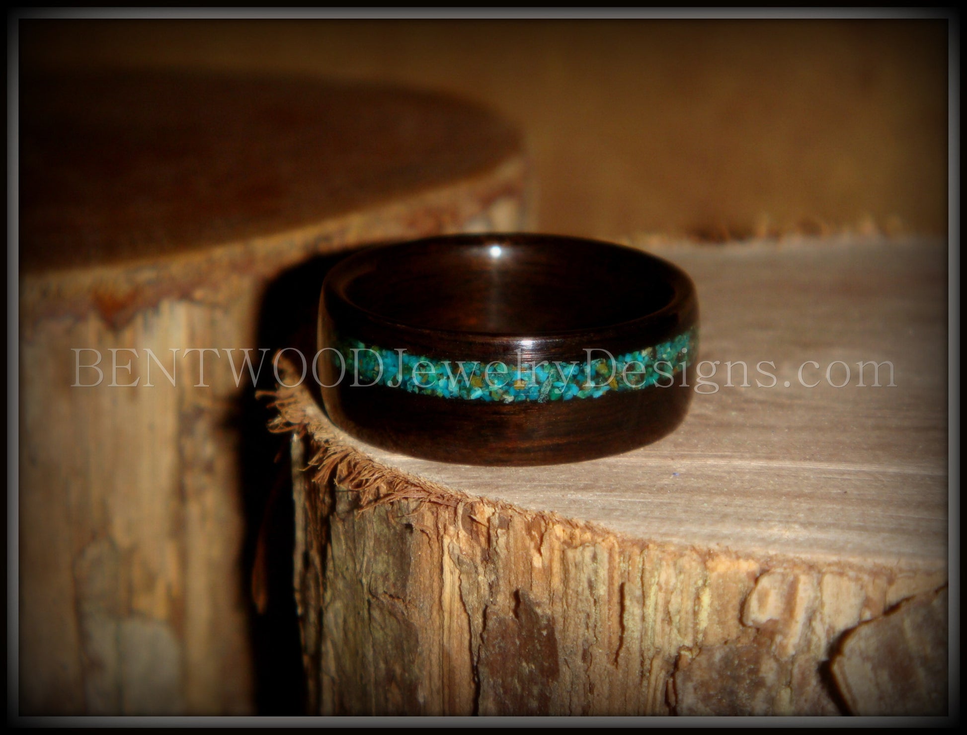 Bentwood Ring - Macassar Ebony Wood Ring and Offset Chrysocolla Stone Inlay handcrafted bentwood wooden rings wood wedding ring engagement