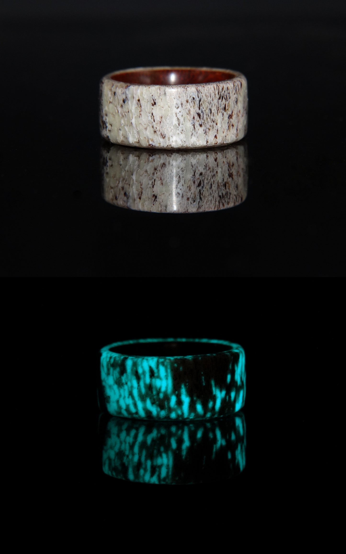 Bentwood Ring - "Aglow" Deer Antler on Padauk Wood Core with Phosphorescent Stabilized handcrafted bentwood wooden rings wood wedding ring engagement