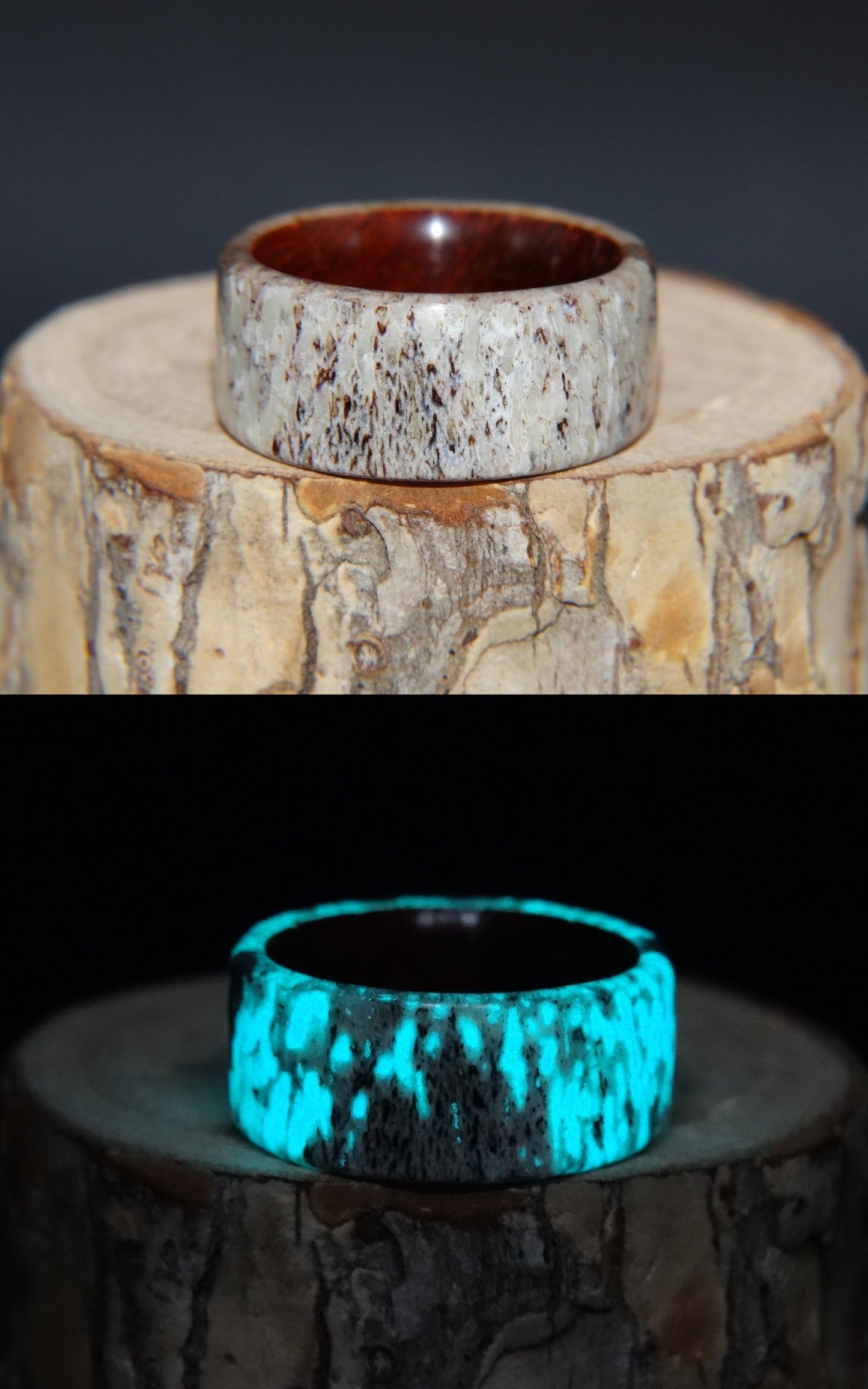 Bentwood Ring - "Aglow" Deer Antler on Padauk Wood Core with Phosphorescent Stabilized handcrafted bentwood wooden rings wood wedding ring engagement