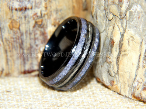 Mike Campbell Guitar String Ring - Black Ceramic Triple Inlay with Silver Guitar String and Charoite