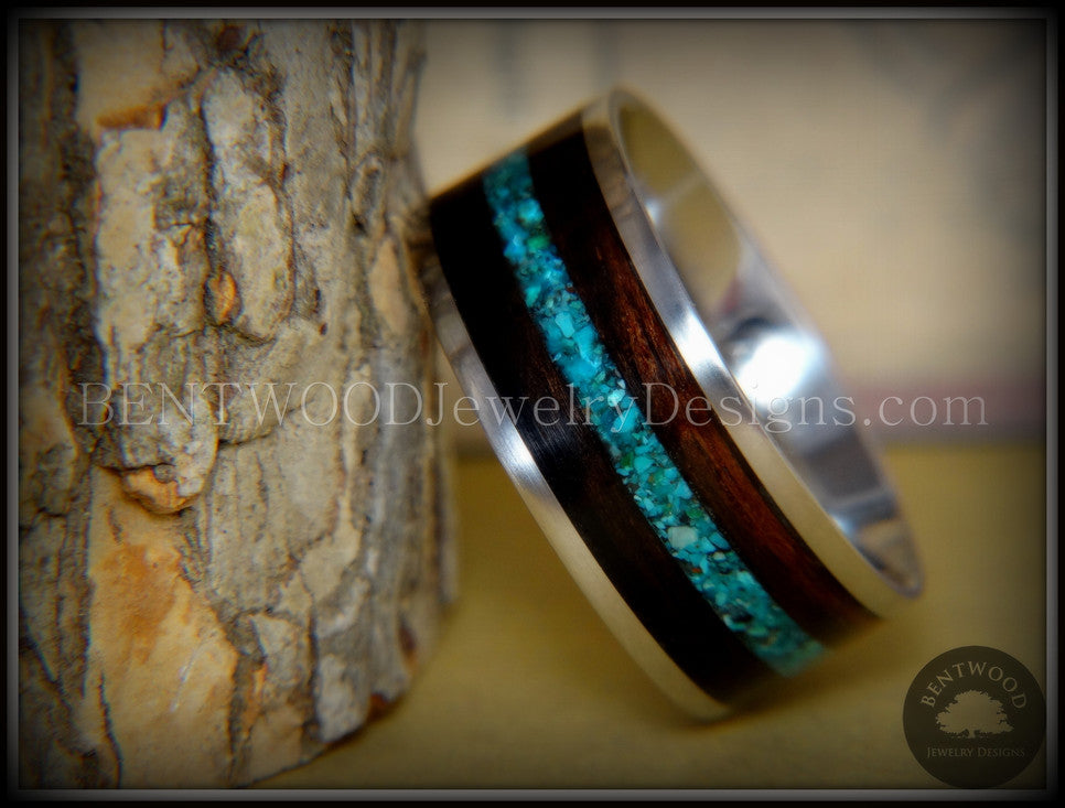 Bentwood Wooden Ring Macassar Ebony Wood Ring Offset Chrysocolla Inlay
