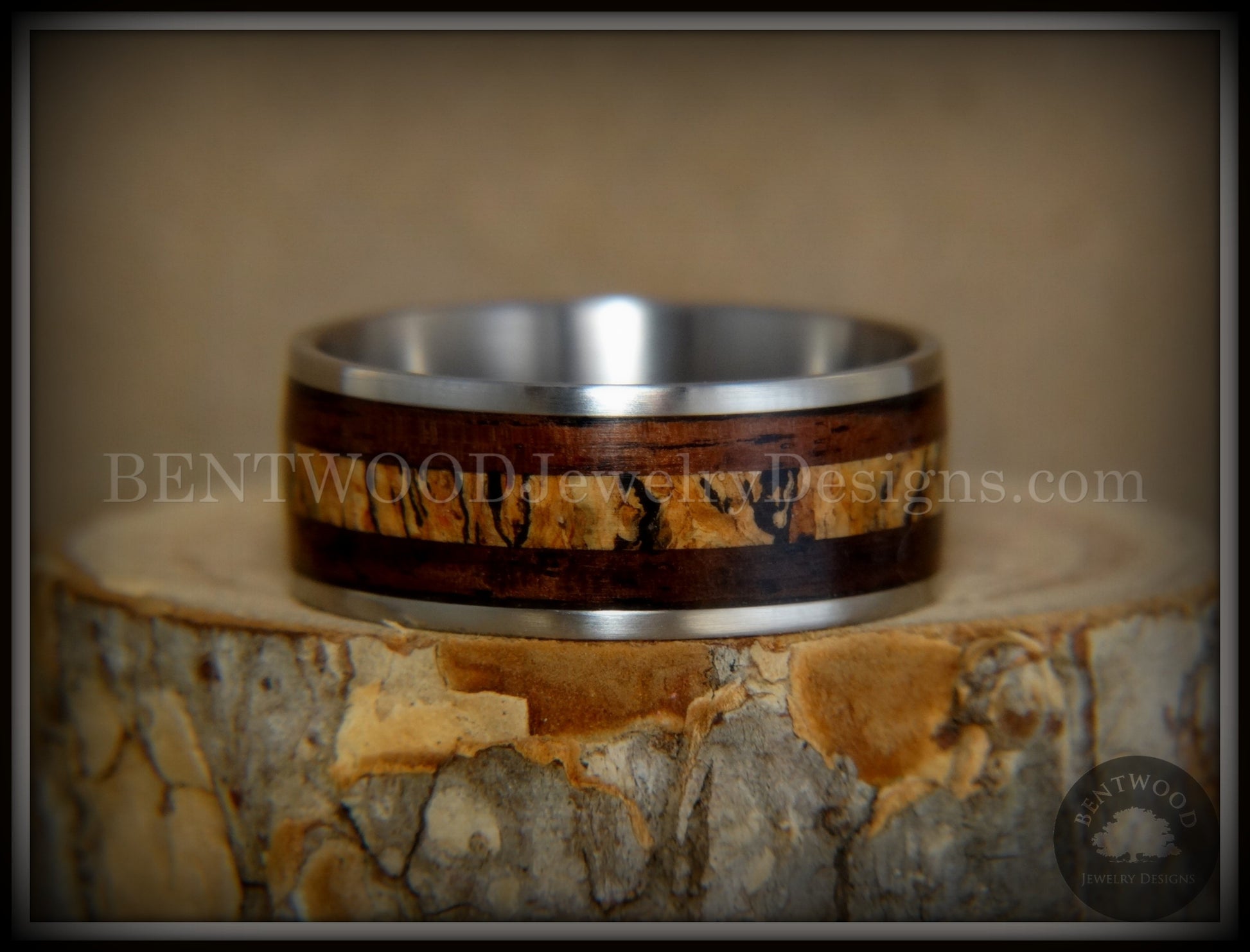 Bentwood Ring - "New Growth" Amazon Rosewood Spalted Maple Inlay Wood Ring on Titanium Steel Comfort Fit Core handcrafted bentwood wooden rings wood wedding ring engagement