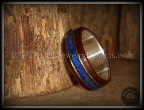 Bentwood Ring - "Tracks" Light Ebony Wood Ring with Fine Silver Core, Double Guitar String and Blue Lapis Inlay
