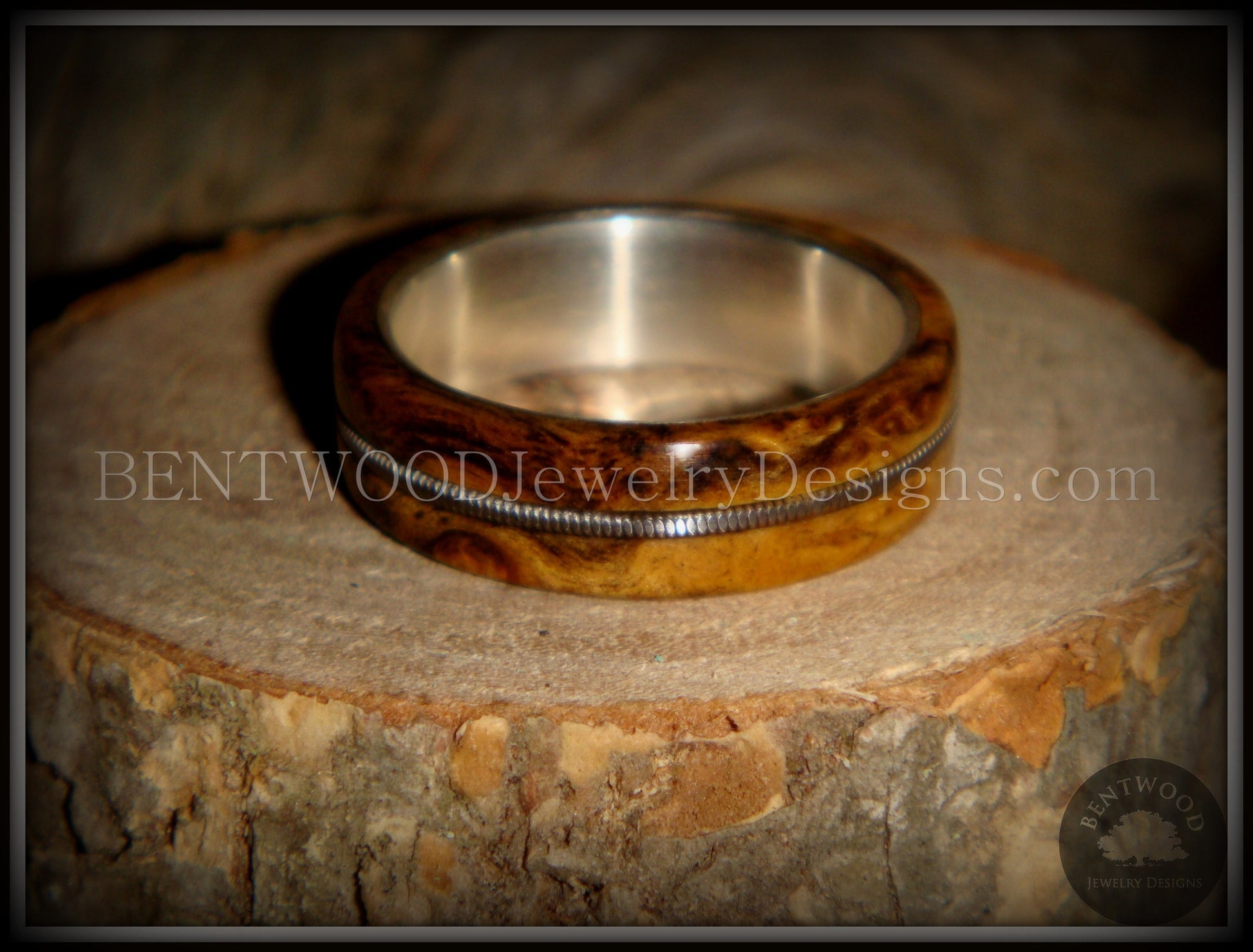 Bentwood Ring - Buckeye Burl "California" Wood Ring with Fine Silver Core and Guitar String Inlay handcrafted bentwood wooden rings wood wedding ring engagement
