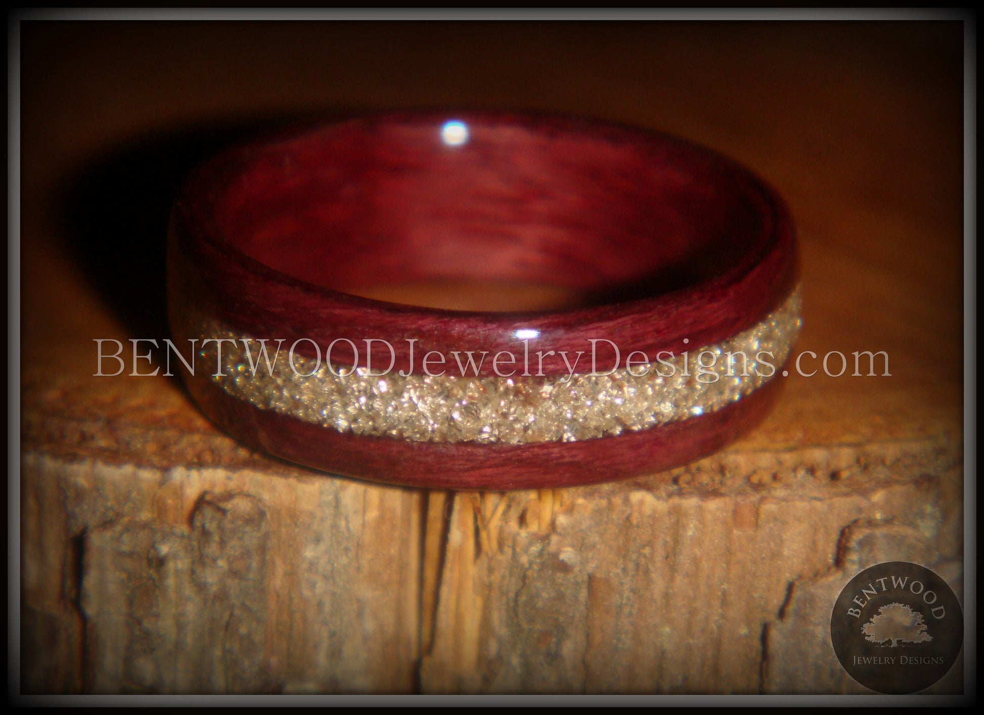 Bentwood Ring - Purpleheart Wood Ring with German Silver Glass Inlay handcrafted bentwood wooden rings wood wedding ring engagement