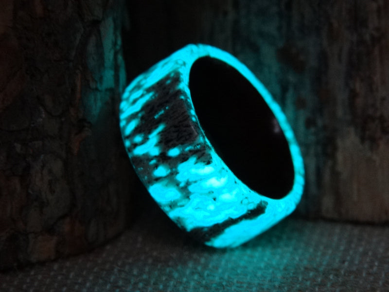 Bentwood Ring -  "Aglow" Deer Antler on Padauk Wood Core with Phosphorescent Stabilized handcrafted bentwood wooden rings wood wedding ring engagement