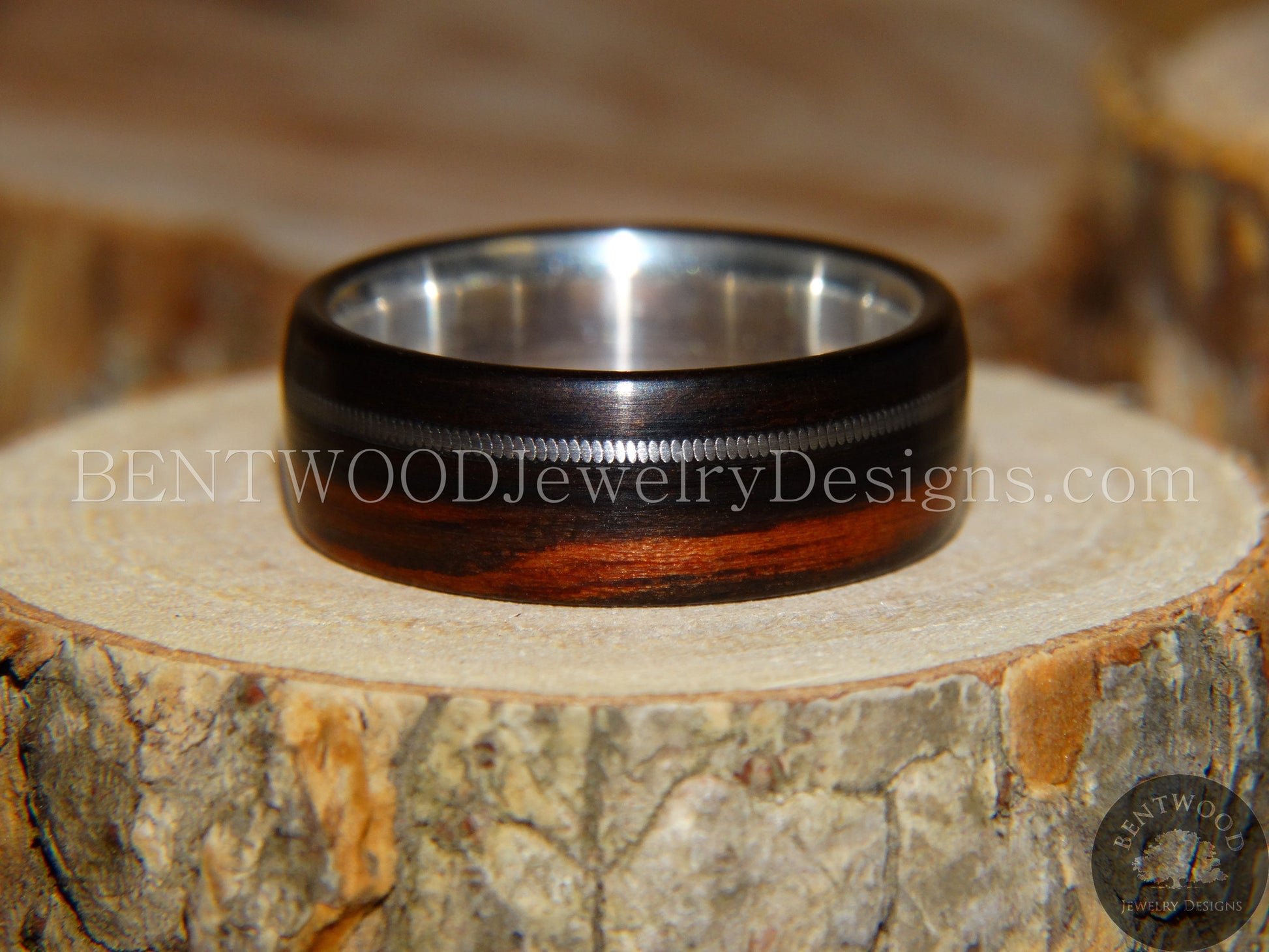 Bentwood Ring - Ebony Wood Ring with Fine Silver Core and Thick Silver Guitar String Inlay handcrafted bentwood wooden rings wood wedding ring engagement