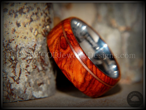 Tazzy Bentwood Ring - "Beans" Rarity Amboyna Burl Wood Ring on Stainless Steel Comfort Fit Core Silver High E String substituted for Bronze wire