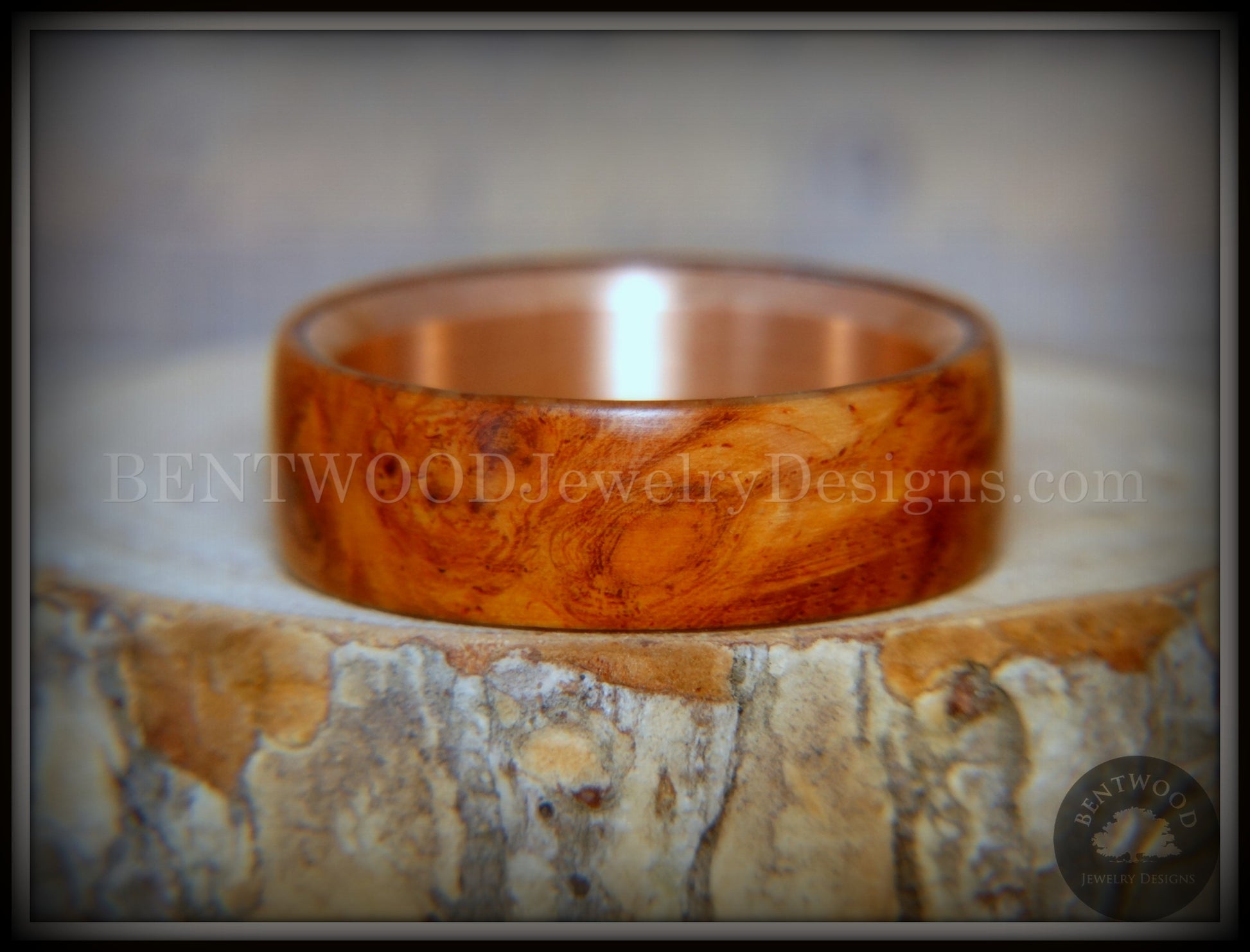 Bentwood Ring - "Rarity" Amboyna Burl Wood Ring with Copper Steel Comfort Fit Metal Core handcrafted bentwood wooden rings wood wedding ring engagement