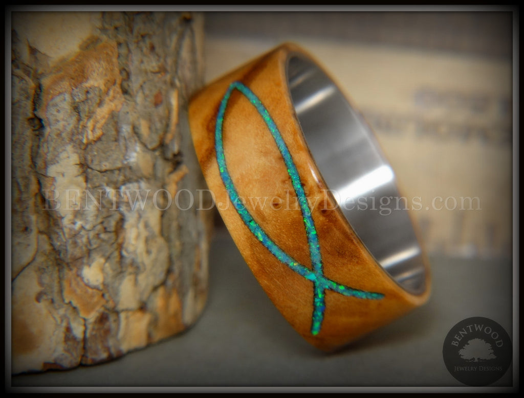 Bentwood Ring - "Ichthys" Exotic Bethlehem Olivewood and Opal Inlay on Titanium handcrafted bentwood wooden rings wood wedding ring engagement
