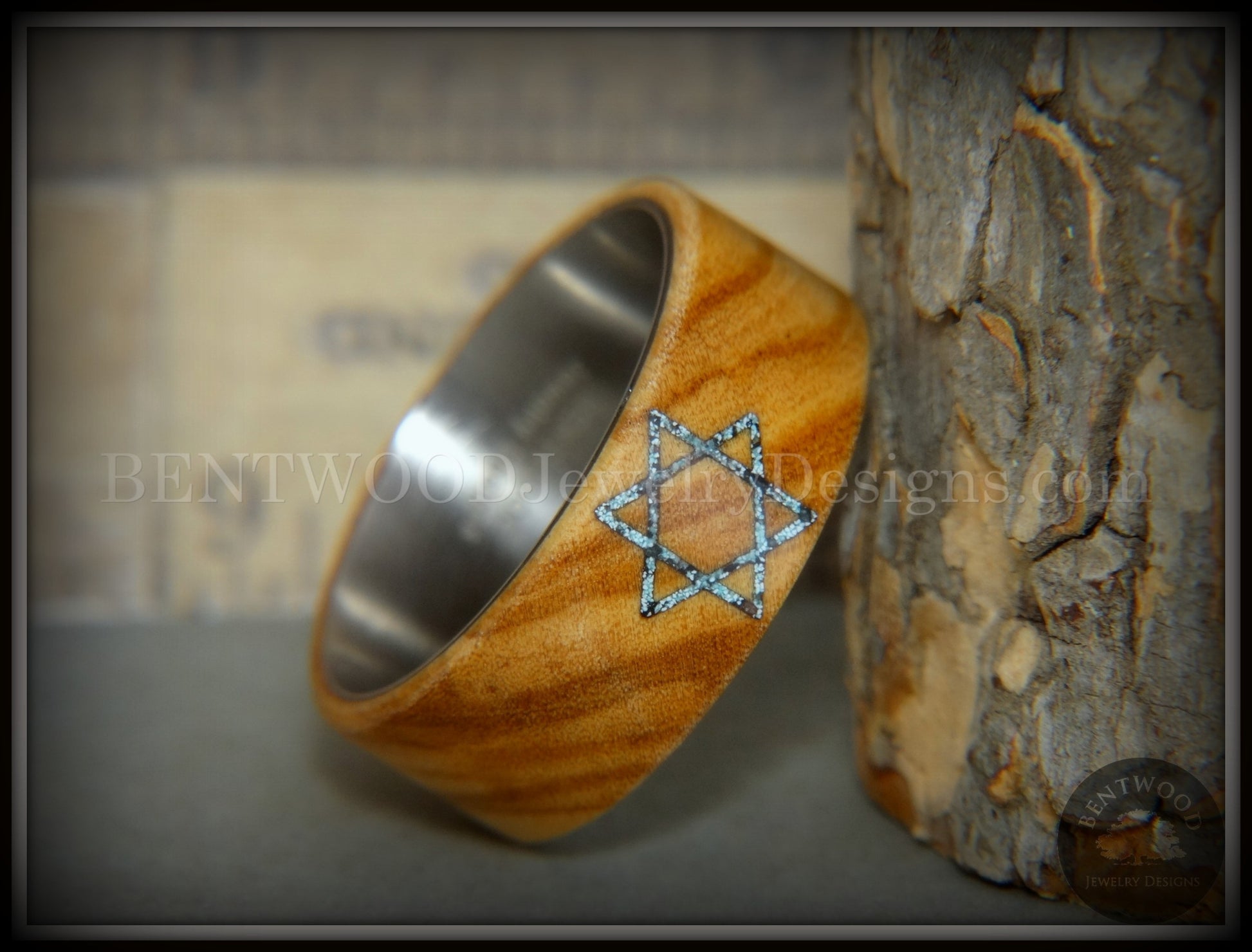 Bentwood Ring - "Star of David" Bethlehem Olivewood with Patina Copper Iron Sands handcrafted bentwood wooden rings wood wedding ring engagement