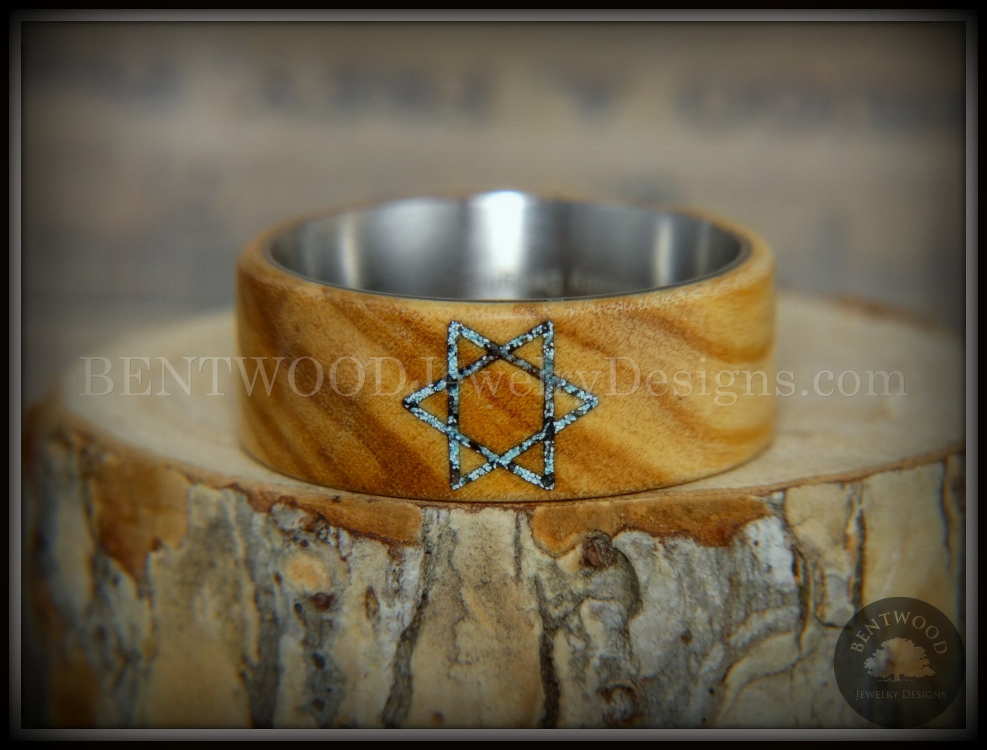 Bentwood Ring - "Star of David" Bethlehem Olivewood with Patina Copper Iron Sands handcrafted bentwood wooden rings wood wedding ring engagement