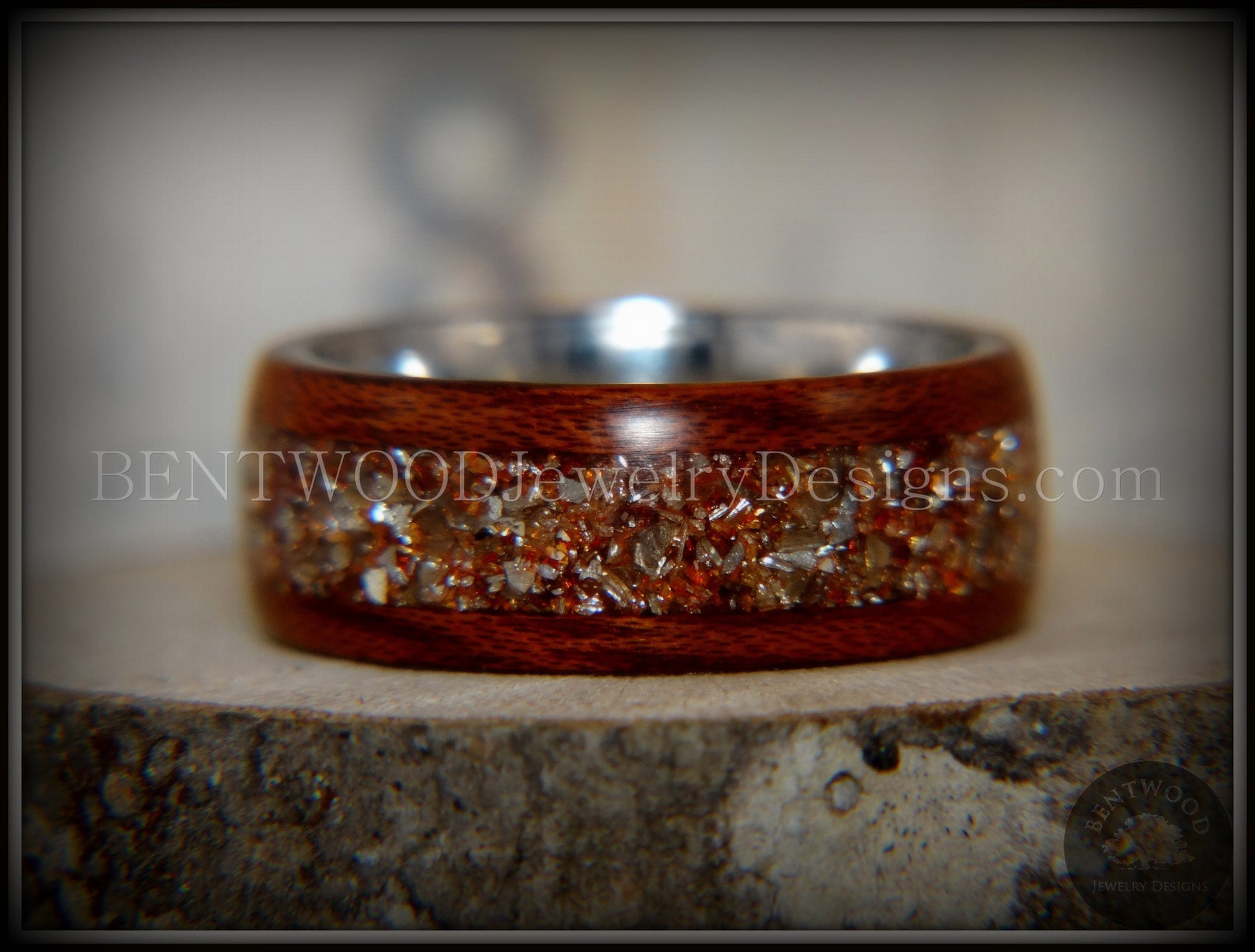 Bentwood Ring - Padauk Wood on Surgical Grade Stainless Steel Core with Amber, Bronze and Silver Glass Inlay handcrafted bentwood wooden rings wood wedding ring engagement