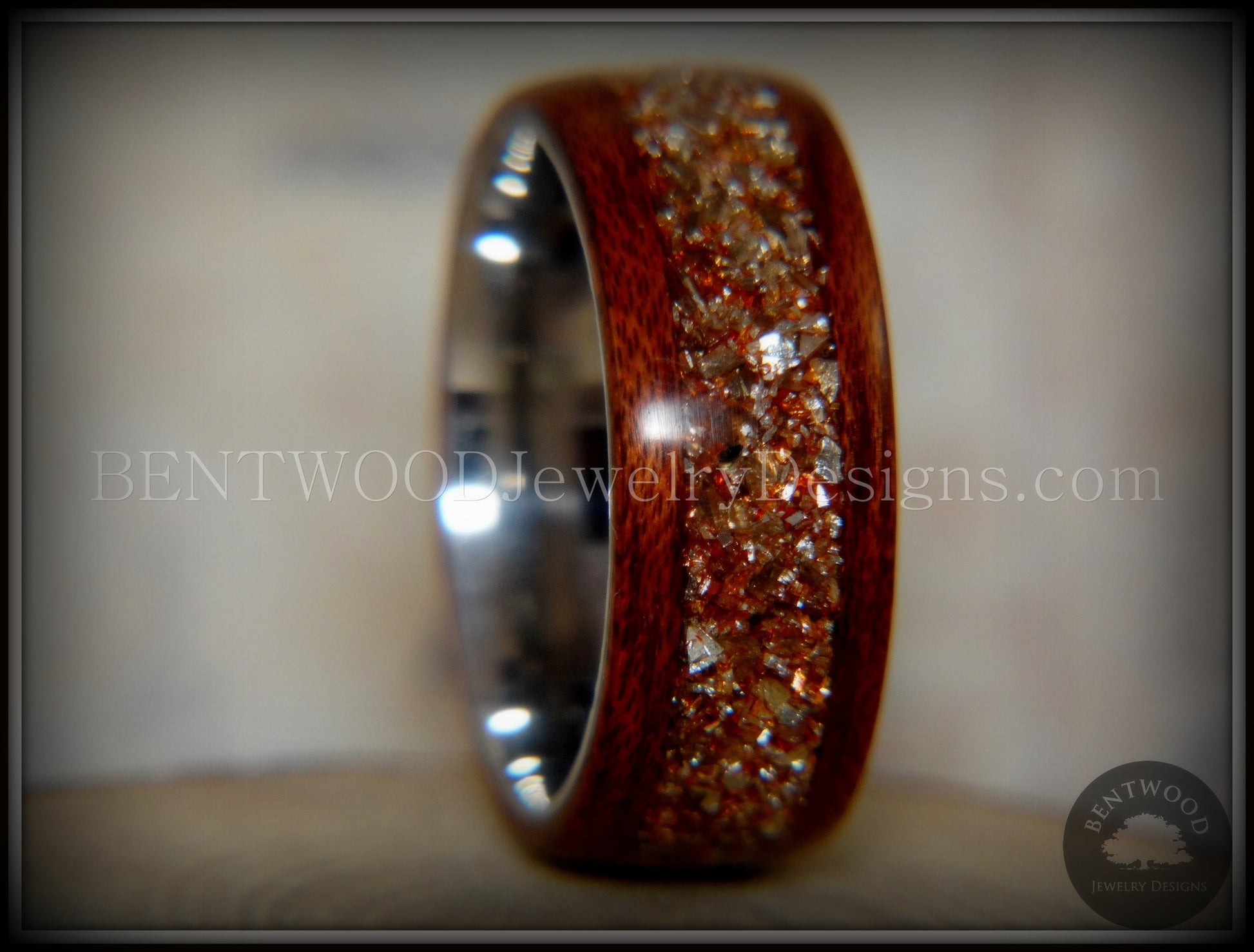 Bentwood Ring - Padauk Wood on Surgical Grade Stainless Steel Core with Amber, Bronze and Silver Glass Inlay handcrafted bentwood wooden rings wood wedding ring engagement