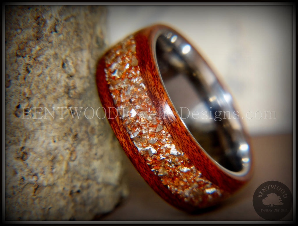 Bentwood Ring - Padauk Wood on Surgical Grade Stainless Steel Core with Amber, Bronze and Silver Glass Inlay handcrafted bentwood wooden rings wood wedding ring engagement