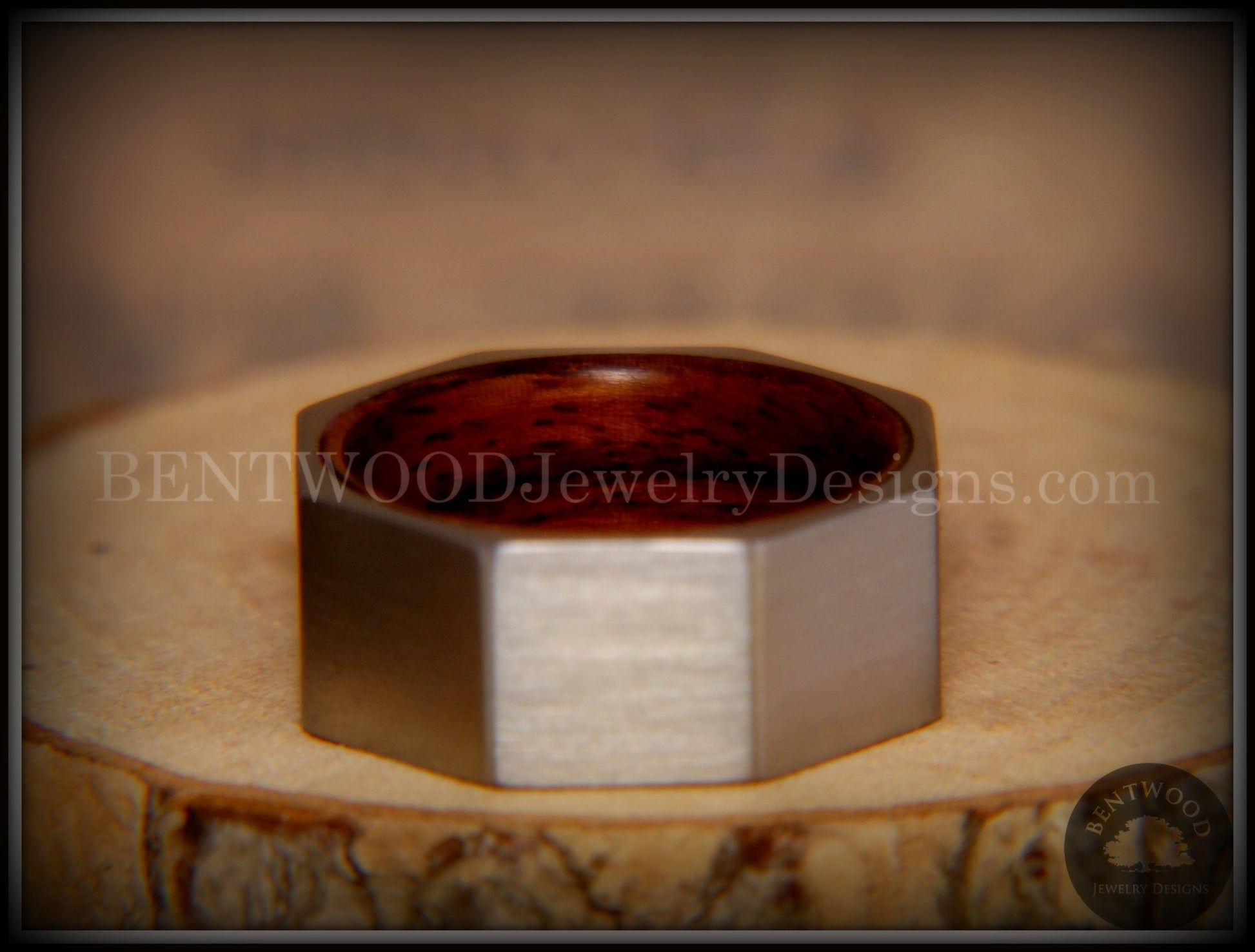 Bentwood Ring - Brushed Stainless Steel Octogon on Bent Rosewood Comfort Fit Core handcrafted bentwood wooden rings wood wedding ring engagement