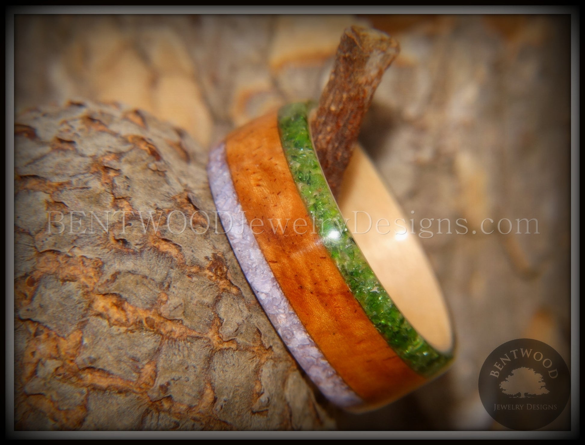Bentwood Ring - Cherry with Maple Liner and Inlays of Aventurine and Charoite handcrafted bentwood wooden rings wood wedding ring engagement