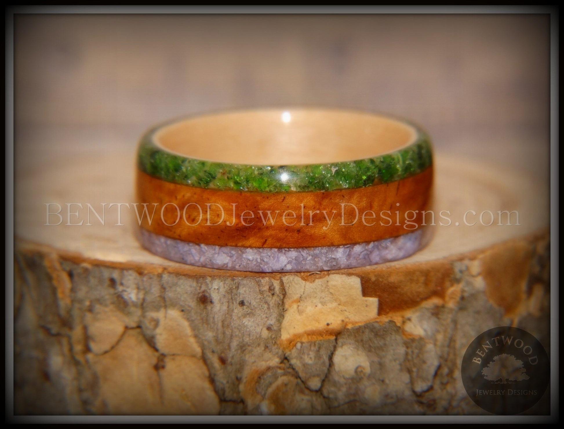 Bentwood Ring - Cherry with Maple Liner and Inlays of Aventurine and Charoite handcrafted bentwood wooden rings wood wedding ring engagement