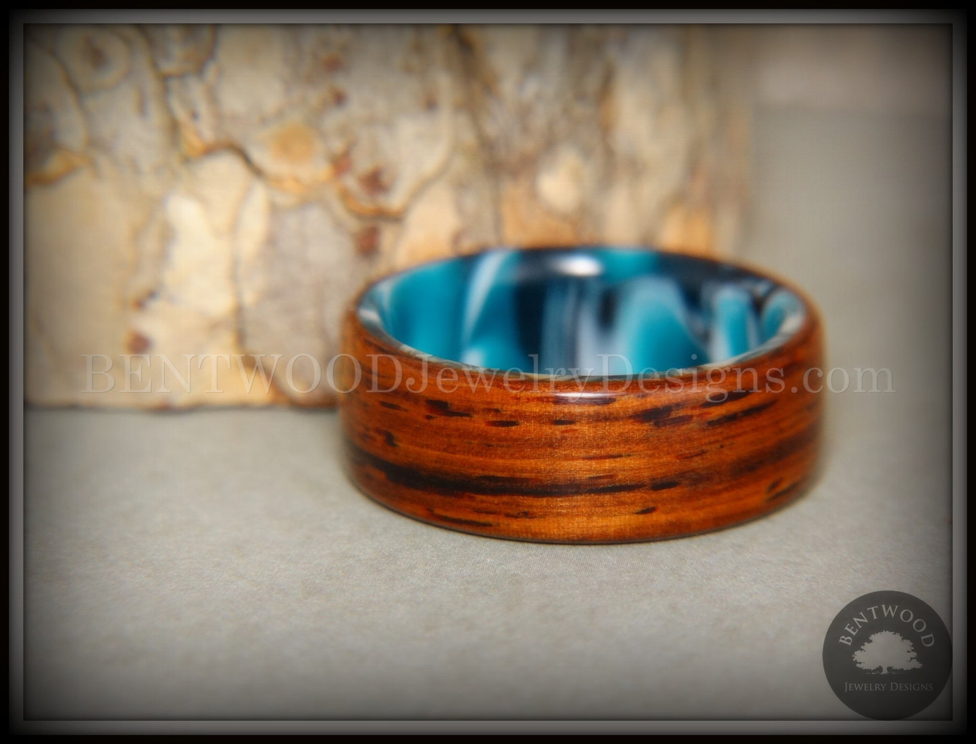 Bentwood Ring - "Surf's Up" Cocobolo on Acrylic Marbled Core handcrafted bentwood wooden rings wood wedding ring engagement