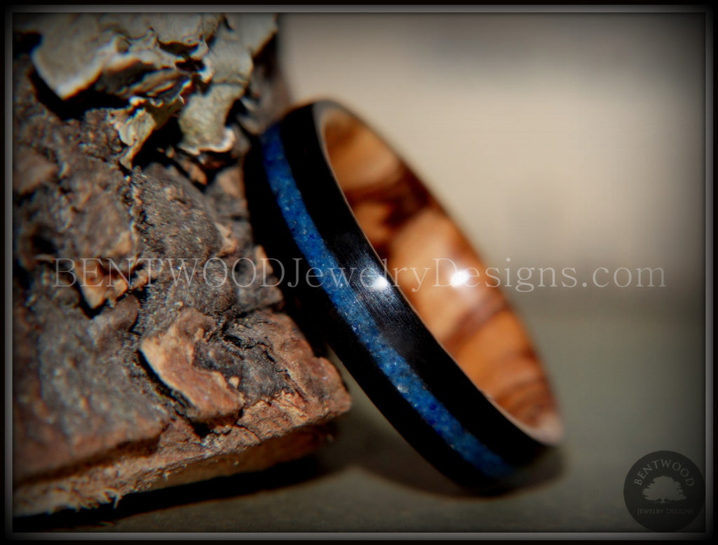 Bentwood Ring - Dark Ebony on Bethlehem Olivewood Core w/ Blue Lapis Inlay handcrafted bentwood wooden rings wood wedding ring engagement