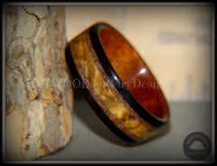 Bentwood Ring - "Great Lakes" Amboyna Burl and Ebony on Mahogany Liner with Beach Sand Inlays handcrafted bentwood wooden rings wood wedding ring engagement