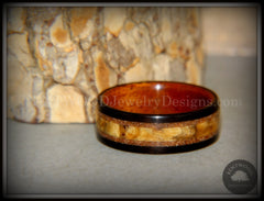 Bentwood Ring - "Great Lakes" Amboyna Burl and Ebony on Mahogany Liner with Beach Sand Inlays handcrafted bentwood wooden rings wood wedding ring engagement