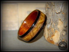 Bentwood Ring - "Great Lakes" Amboyna Burl and Ebony on Mahogany Liner with Beach Sand Inlays handcrafted bentwood wooden rings wood wedding ring engagement