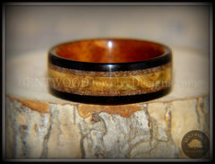 Bentwood Ring - "Great Lakes" Amboyna Burl and Ebony on Mahogany Liner with Beach Sand Inlays handcrafted bentwood wooden rings wood wedding ring engagement