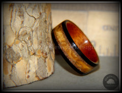 Bentwood Ring - "Great Lakes" Amboyna Burl and Ebony on Mahogany Liner with Beach Sand Inlays handcrafted bentwood wooden rings wood wedding ring engagement