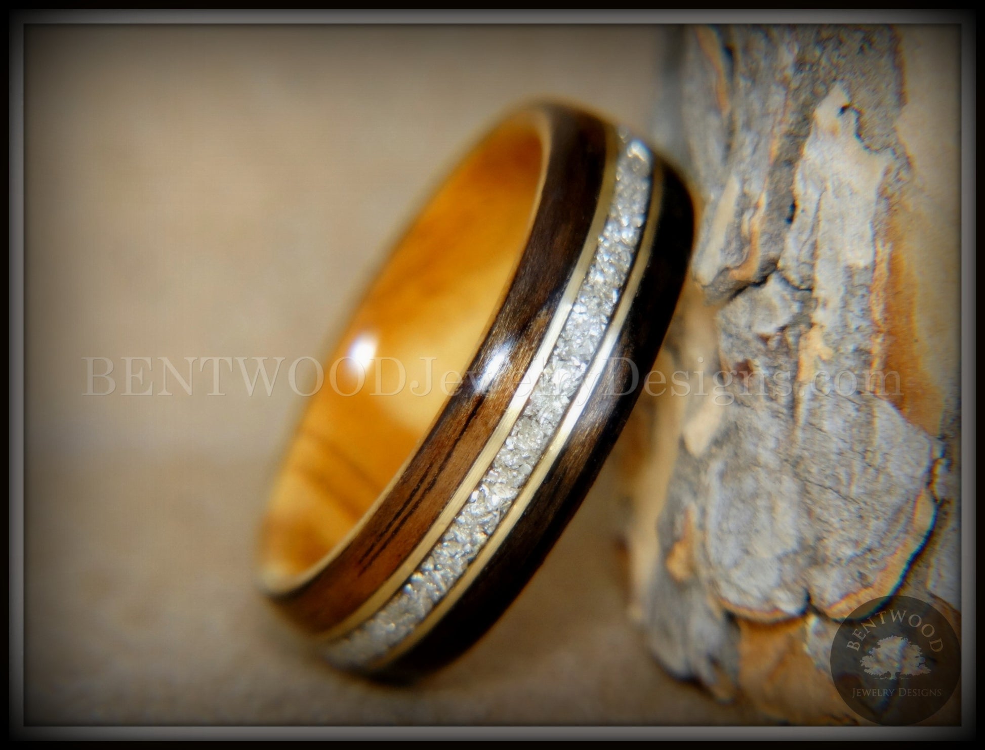 Bentwood Ring - "Tracks" Ebony Wood Ring Gold Wire and Glass Inlay handcrafted bentwood wooden rings wood wedding ring engagement