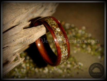 Bentwood Ring - Santos Rosewood Wood Ring with Hawaiian Papakolea Olivine Beach Sand Inlay handcrafted bentwood wooden rings wood wedding ring engagement