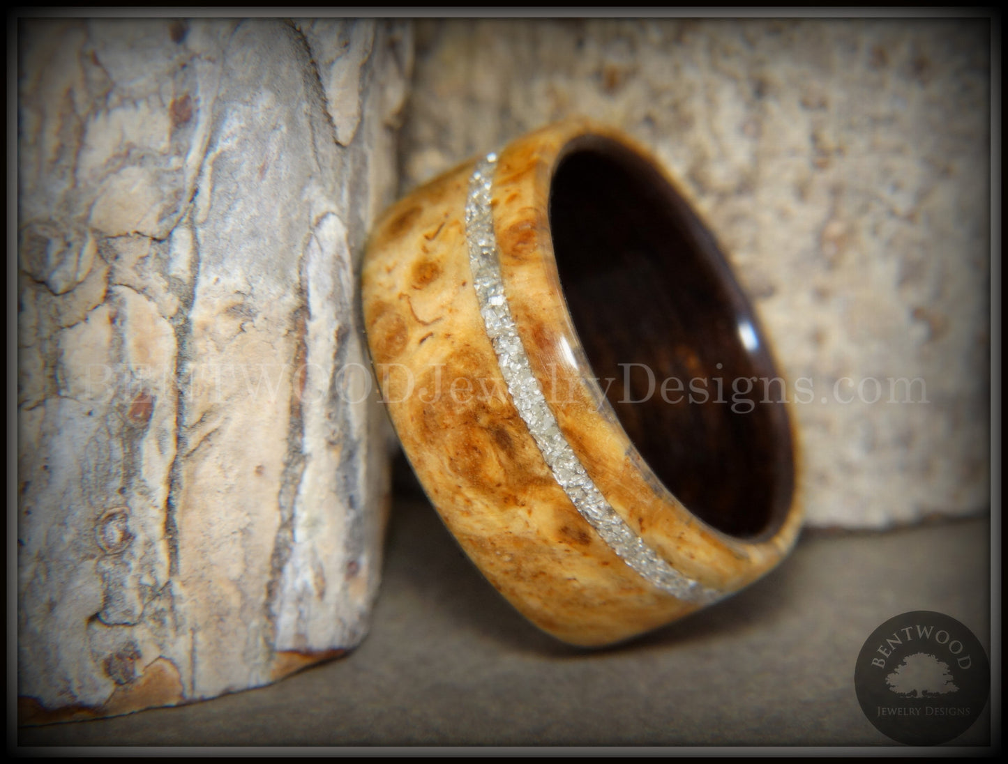 Bentwood Ring - Golden Amboyna Burl Ring on Ebony Wood Liner and Offset Silver Glass Inlay handcrafted bentwood wooden rings wood wedding ring engagement