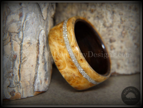 Bentwood Ring - Golden Amboyna Burl Ring on Ebony Wood Liner and Offset Silver Glass Inlay