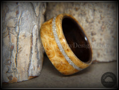 Bentwood Ring - Golden Amboyna Burl Ring on Ebony Wood Liner and Offset Silver Glass Inlay handcrafted bentwood wooden rings wood wedding ring engagement