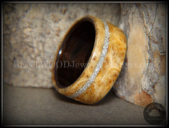 Bentwood Ring - Golden Amboyna Burl Ring on Ebony Wood Liner and Offset Silver Glass Inlay handcrafted bentwood wooden rings wood wedding ring engagement