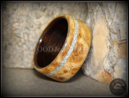 Bentwood Ring - Golden Amboyna Burl Ring on Ebony Wood Liner and Offset Silver Glass Inlay handcrafted bentwood wooden rings wood wedding ring engagement