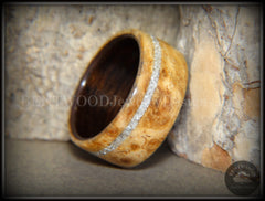 Bentwood Ring - Golden Amboyna Burl Ring on Ebony Wood Liner and Offset Silver Glass Inlay handcrafted bentwood wooden rings wood wedding ring engagement