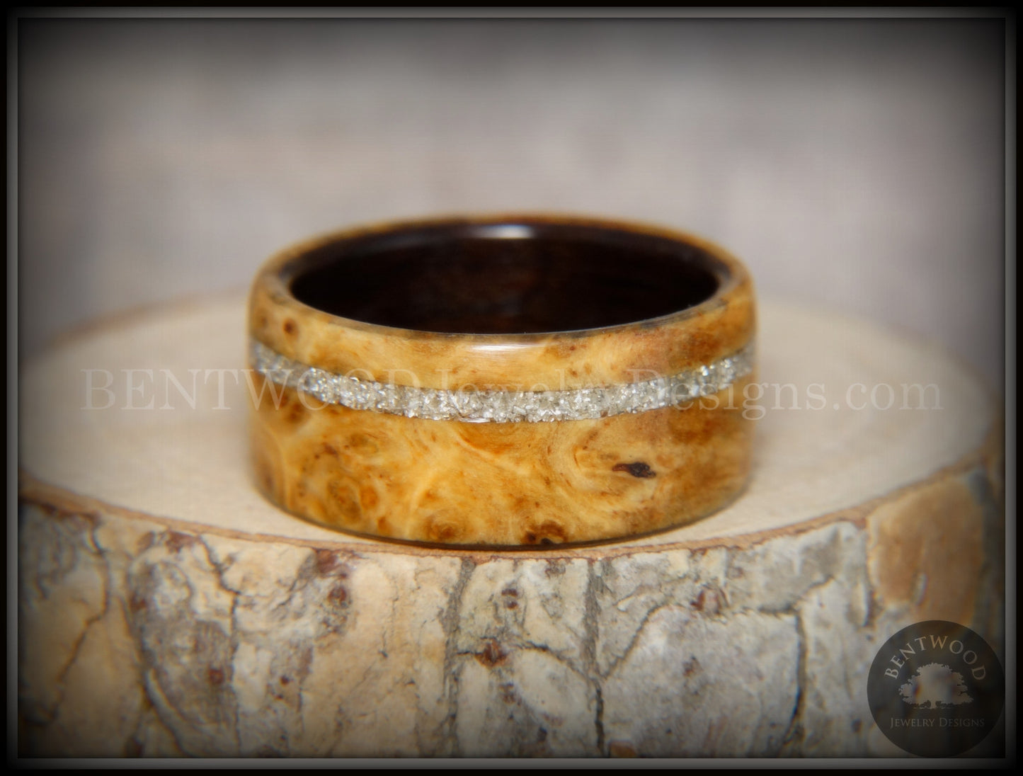 Bentwood Ring - Golden Amboyna Burl Ring on Ebony Wood Liner and Offset Silver Glass Inlay handcrafted bentwood wooden rings wood wedding ring engagement