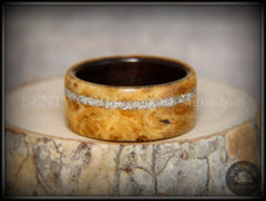 Bentwood Ring - Golden Amboyna Burl Ring on Ebony Wood Liner and Offset Silver Glass Inlay handcrafted bentwood wooden rings wood wedding ring engagement