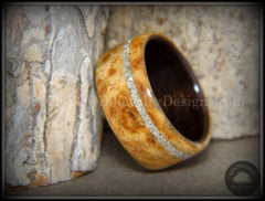 Bentwood Ring - Golden Amboyna Burl Ring on Ebony Wood Liner and Offset Silver Glass Inlay handcrafted bentwood wooden rings wood wedding ring engagement