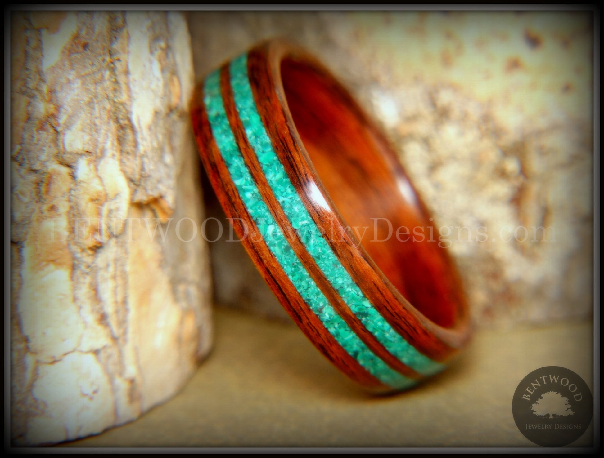 Bentwood Ring - Kingwood with Malachite Inlays handcrafted bentwood wooden rings wood wedding ring engagement