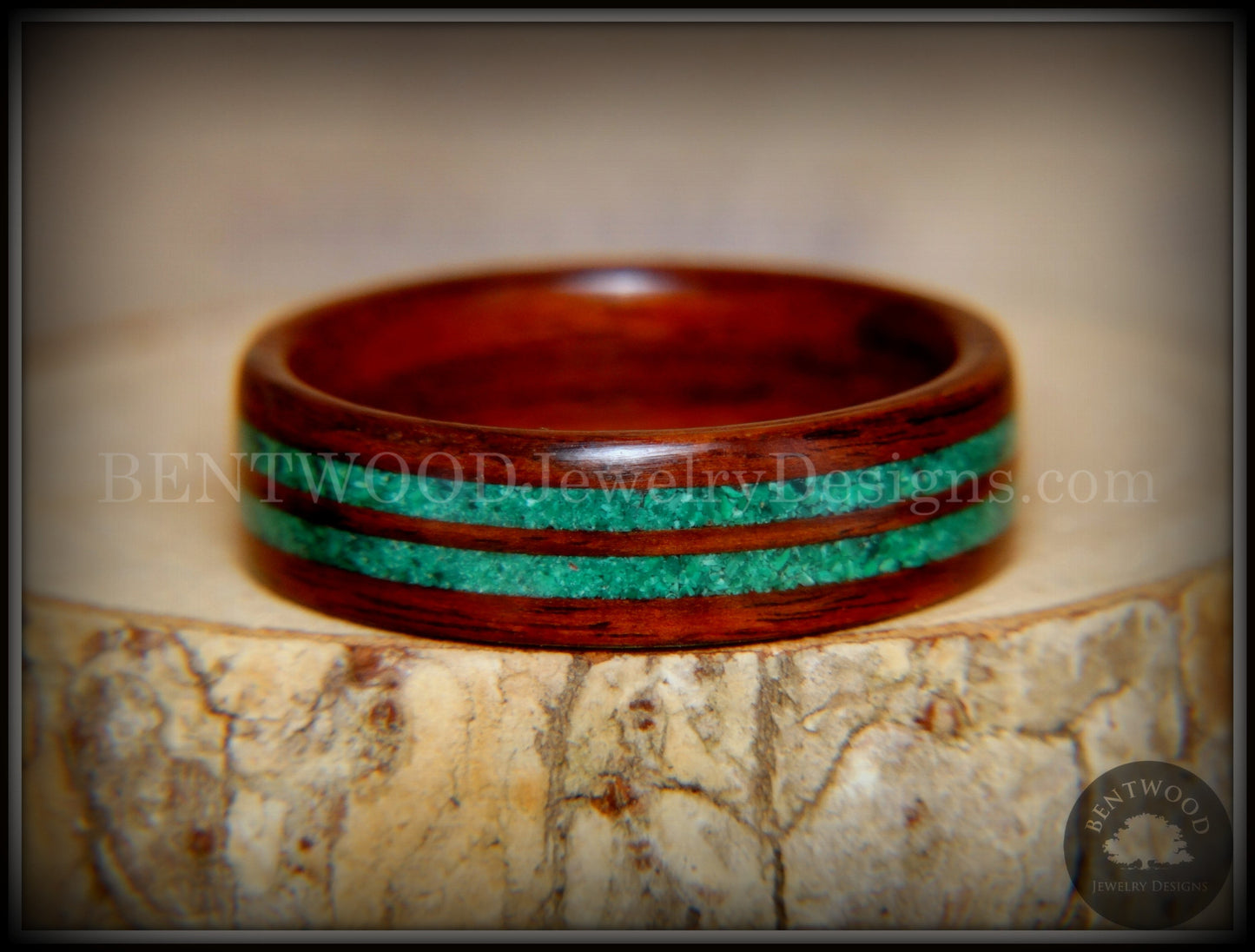 Bentwood Ring - Kingwood with Malachite Inlays handcrafted bentwood wooden rings wood wedding ring engagement