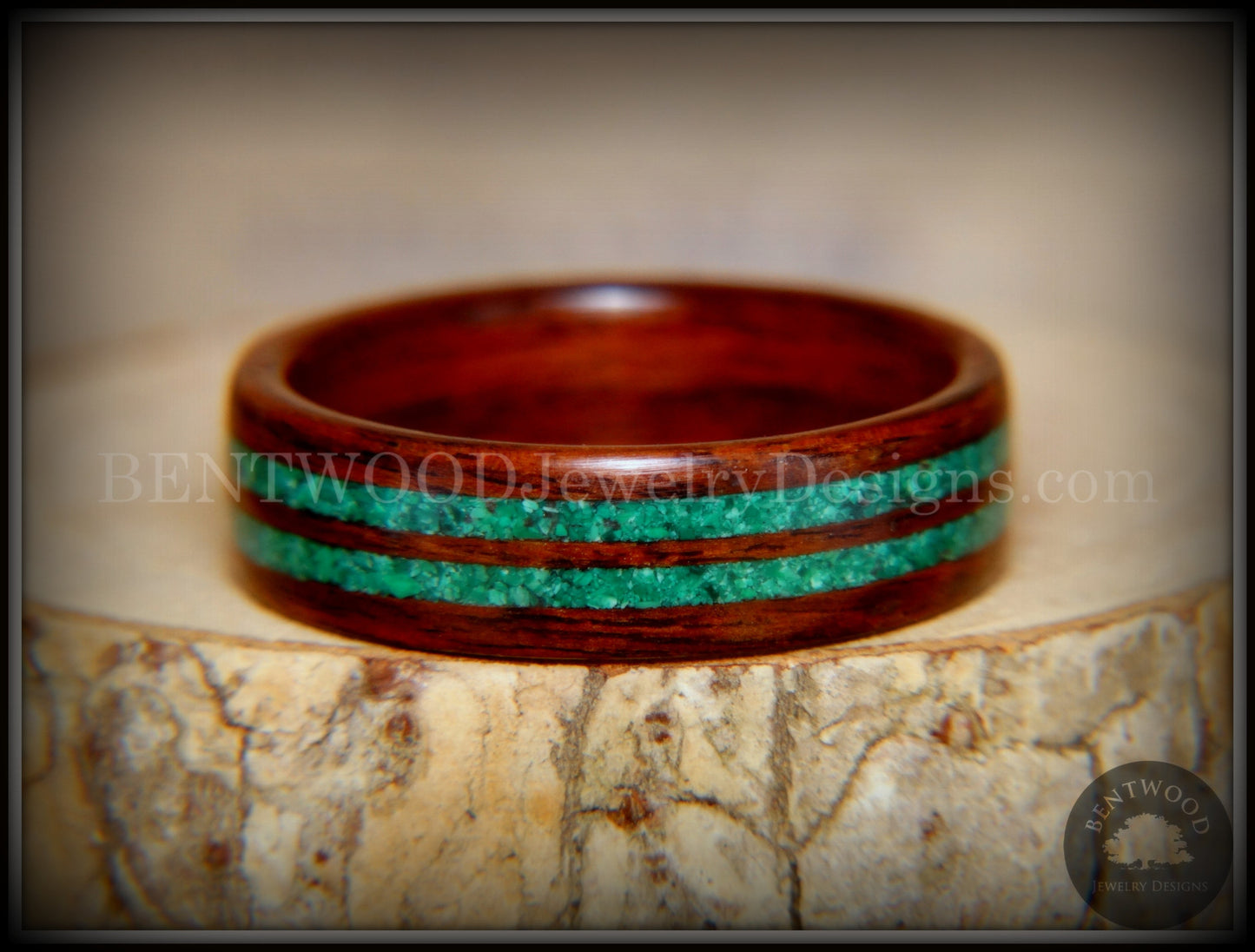 Bentwood Ring - Kingwood with Malachite Inlays handcrafted bentwood wooden rings wood wedding ring engagement
