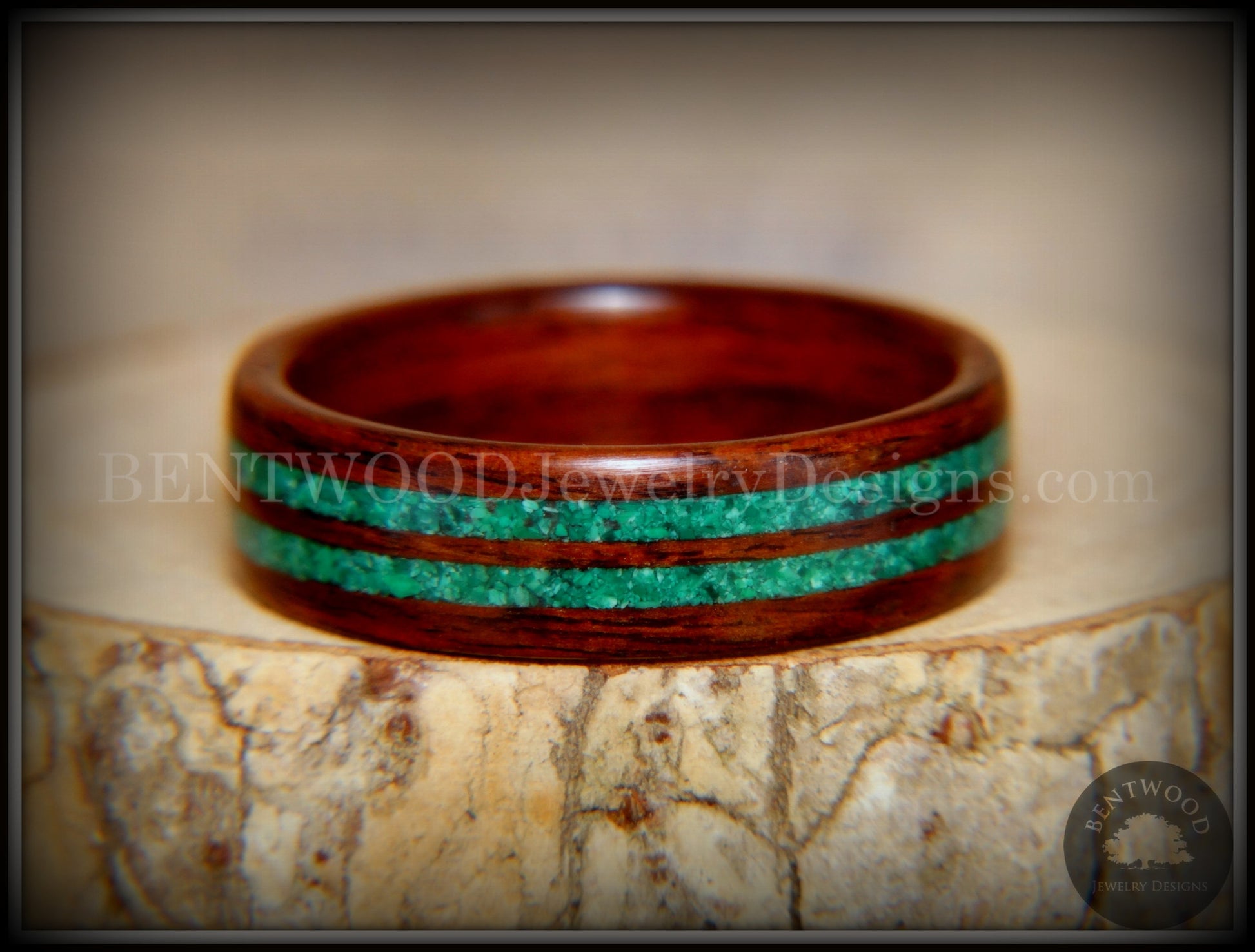 Bentwood Ring - Kingwood with Malachite Inlays handcrafted bentwood wooden rings wood wedding ring engagement